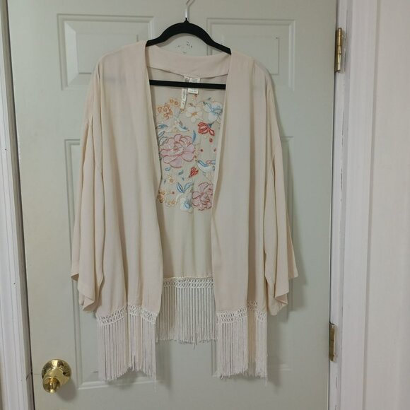 Forgotten Grace Floral Embroidered Kimono Cardigan With Fringe Hem & Sleeve - Picture 1 of 9